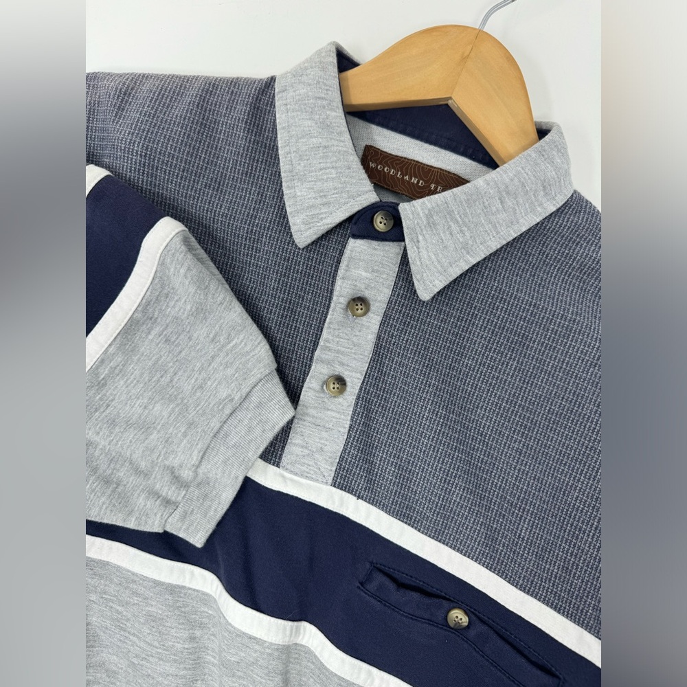 VTG woodland Trail Men Short Sleeve Polo Sweater Shirt Banded Waist L gray GHV7.